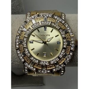 Elgin FG9750 New Battery Mens Watch 46MM 8.5" Crystals Bling Gold Tone